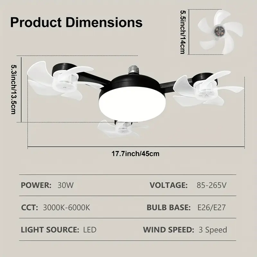 LED Smart Ceiling Fan Light 27 E26 Screw Port with Remote Control, Adjustable Brightness and 3 Speed Adjustment, Suitable for Bedroom, Living Room, Study, Kitchen and Bathroom - Modern Design, Suitable for All Seasons (3 Head Fan Light Black), Bedroom Lighting, Study Room Fixture, Minimalist Fixture, Contemporary Lighting, Durable Construction, Highquality Lighting, Interior Designers, Home Decorators, Small Ceiling Fan With Remote For Bedroom, Light Fixture Fan,