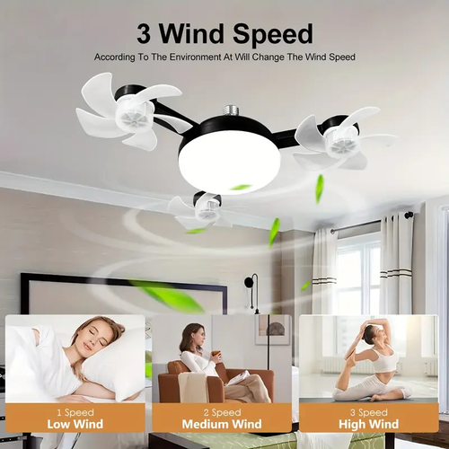 LED Smart Ceiling Fan Light 27 E26 Screw Port with Remote Control, Adjustable Brightness and 3 Speed Adjustment, Suitable for Bedroom, Living Room, Study, Kitchen and Bathroom - Modern Design, Suitable for All Seasons (3 Head Fan Light Black), Bedroom Lighting, Study Room Fixture, Minimalist Fixture, Contemporary Lighting, Durable Construction, Highquality Lighting, Interior Designers, Home Decorators, Small Ceiling Fan With Remote For Bedroom, Light Fixture Fan,
