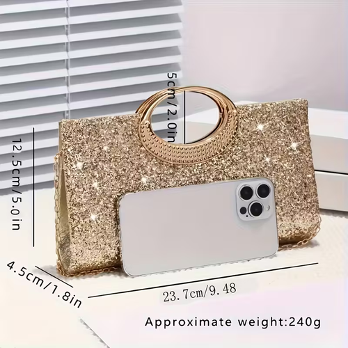 Elegant Golden Sequin Clutch Purse with Detachable Chain Strap & Snap Closure - Sparkling Glamour Handbag for Weddings, Galas, Proms - Middle Eastern Collection, Formal Accessory, Glittery Texture