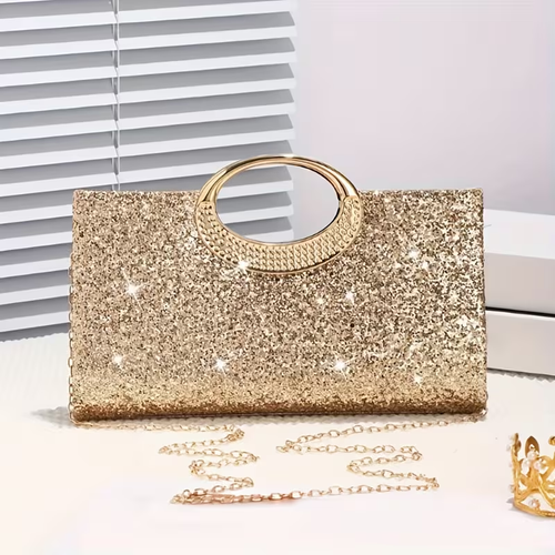 Elegant Golden Sequin Clutch Purse with Detachable Chain Strap & Snap Closure - Sparkling Glamour Handbag for Weddings, Galas, Proms - Middle Eastern Collection, Formal Accessory, Glittery Texture