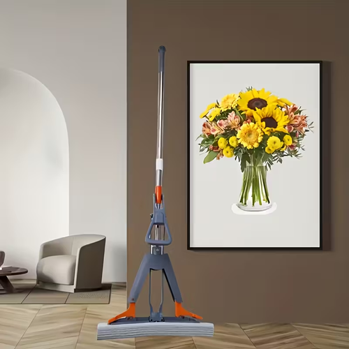 High-Absorbency Dual-Fold Sponge Mop - Hands-Free Washing, Versatile Dry & Wet Use, Durable Plastic Handle - Ideal for Kitchen, Bathroom, Living Room Floors