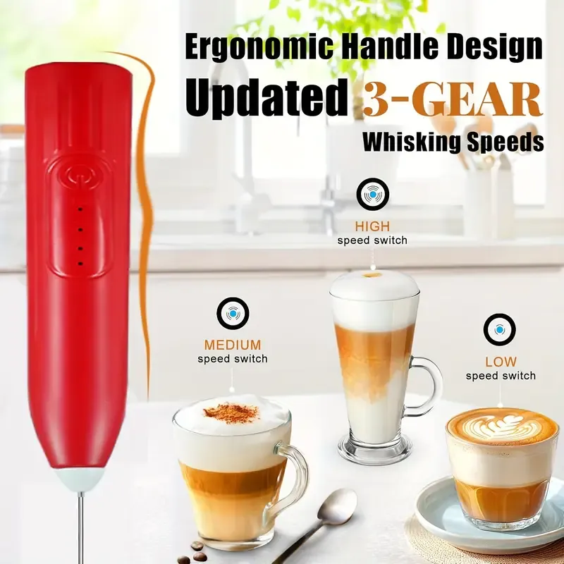 1 piece 2-in-1 USB rechargeable milk frother and blender - Automatic handheld foam maker with 3 speed settings, stainless steel blender, durable lithium battery, suitable for coffee, cappuccino, hot chocolate, smoothies, egg mixtures - White and red, coffee blender, kitchen appliance, modern kitchen utensil, stainless steel blender