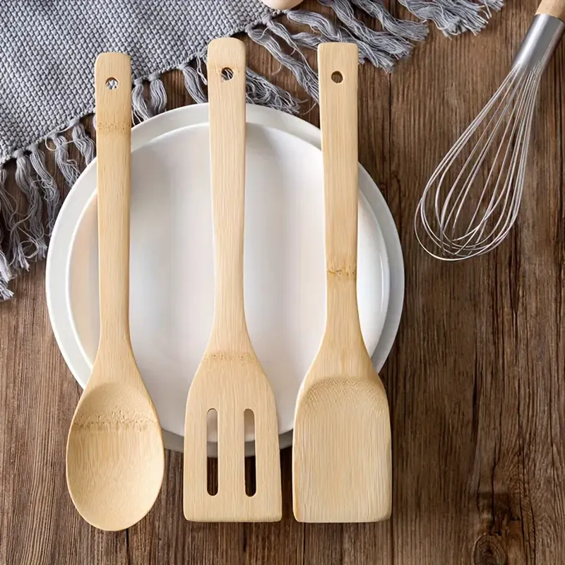 A set of 3-piece bamboo kitchenware set, non-stick spatula and solid spoon, long-handled wooden cooking tools, durable bamboo turner and slot spoon set, natural wood kitchenware, household kitchen supplies.