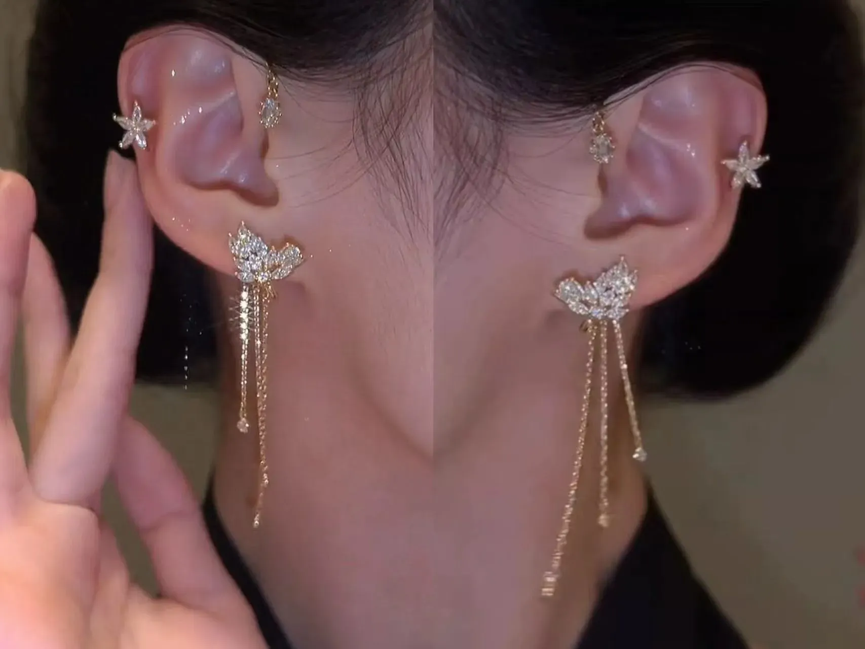 Ear hook tassel stud earrings