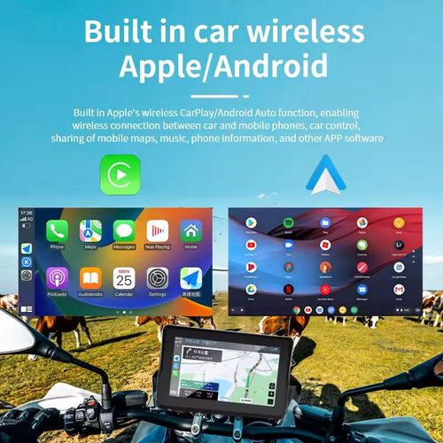 Touchscreen motorcycle Global Positioning System (GPS) with a screen that supports Apple CarPlay function. It has waterproof performance and enables wireless Apple CarPlay connection. It is suitable for motorcycles and bicycles. It is an Android-based GPS navigation display screen equipped with dual Bluetooth functionality