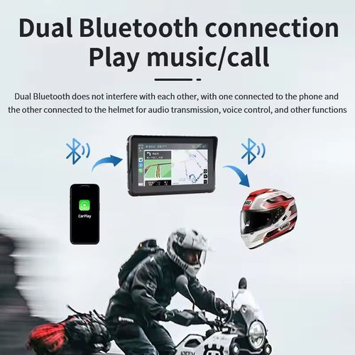 Touchscreen motorcycle Global Positioning System (GPS) with a screen that supports Apple CarPlay function. It has waterproof performance and enables wireless Apple CarPlay connection. It is suitable for motorcycles and bicycles. It is an Android-based GPS navigation display screen equipped with dual Bluetooth functionality