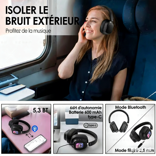 Écouteurs sans fil avec écran tactile, écran LCD, fonction de charge, réduction de bruit et graves profonds