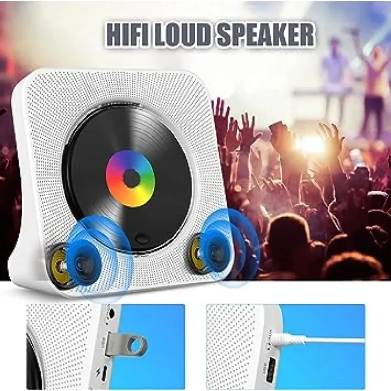 Lecteur CD Bluetooth de bureau portable Qoosea pour la maison avec minuterie, haut-parleurs HiFi intégrés, écran LCD et radio FM boombox