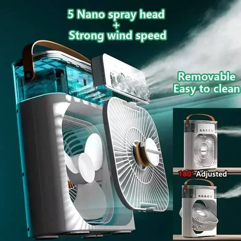 Mini climatiseur domestique 3 en 1, ventilateur réglable avec veilleuse LED et humidificateur portable pour bureau et maison