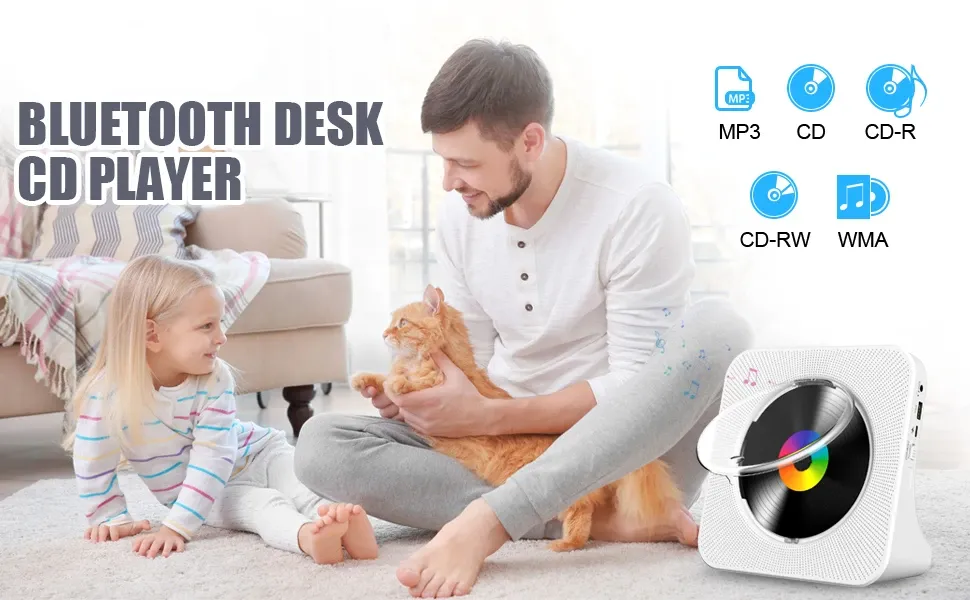 Lecteur CD Bluetooth de bureau portable Qoosea pour la maison avec minuterie, haut-parleurs HiFi intégrés, écran LCD et radio FM boombox