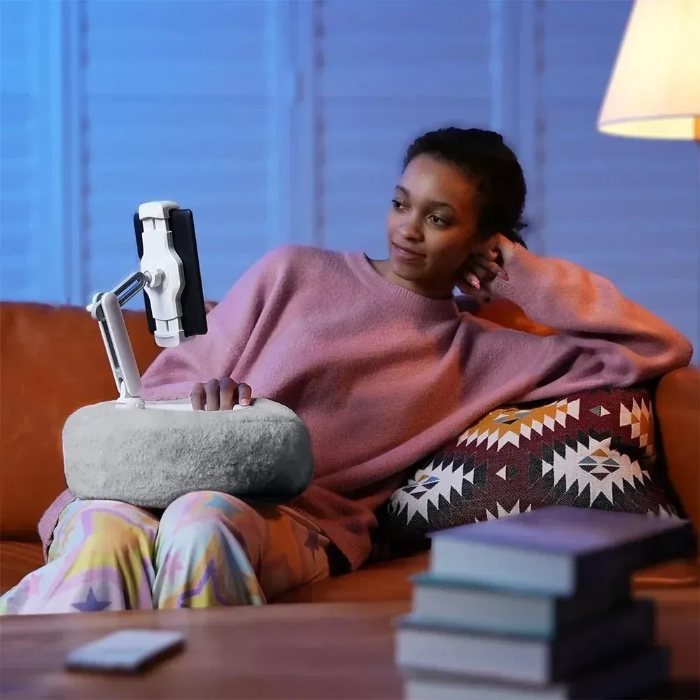 Coussin peluche support pour téléphone et tablette, support de bureau, longueur et angle réglables pour live et appel vidéo