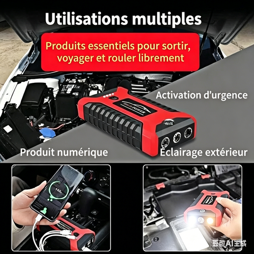 Nouveau Démarreur de Voiture d'Urgence 12V, Batterie de Secours avec Pompe à Air et Fonction Power Bank