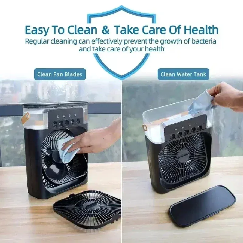 Mini climatiseur domestique 3 en 1, ventilateur réglable avec veilleuse LED et humidificateur portable pour bureau et maison