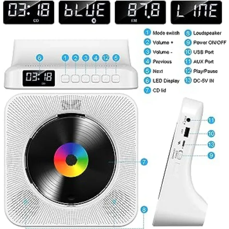 Lecteur CD Bluetooth de bureau portable Qoosea pour la maison avec minuterie, haut-parleurs HiFi intégrés, écran LCD et radio FM boombox