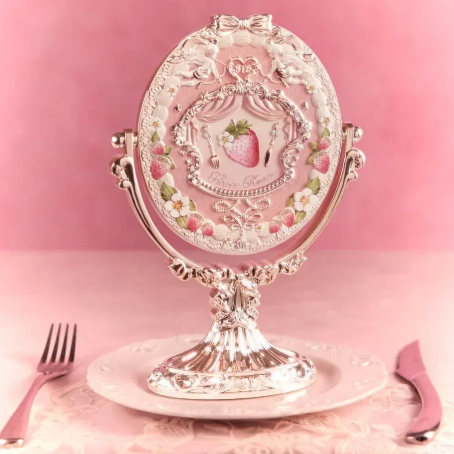 Coffret 9e anniversaire Flower Knows, kit de maquillage 3 pièces : miroir de table, coussin compact, peigne et porte-pinceaux