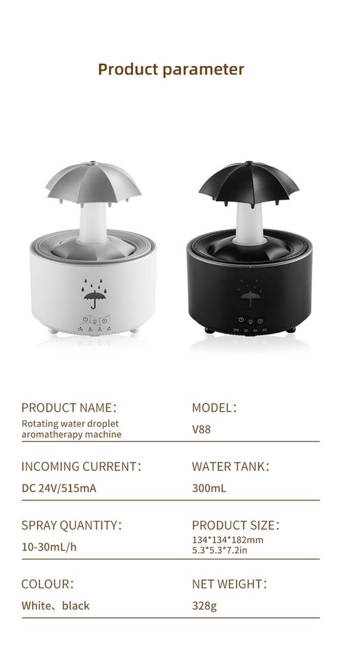 Humidificateur diffuseur d'arôme en forme de goutte d'eau et parapluie tournant multicolore