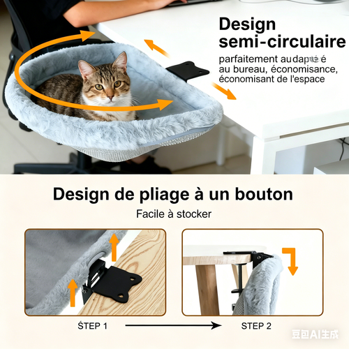 سرير طاولة للقطط قابل للطي بضغطة واحدة، تصميم غائر يوفر المساحة، أرجوحة دائرية نصفية للقطط، مناسب للمنزل والمكتب والقطط الداخلية