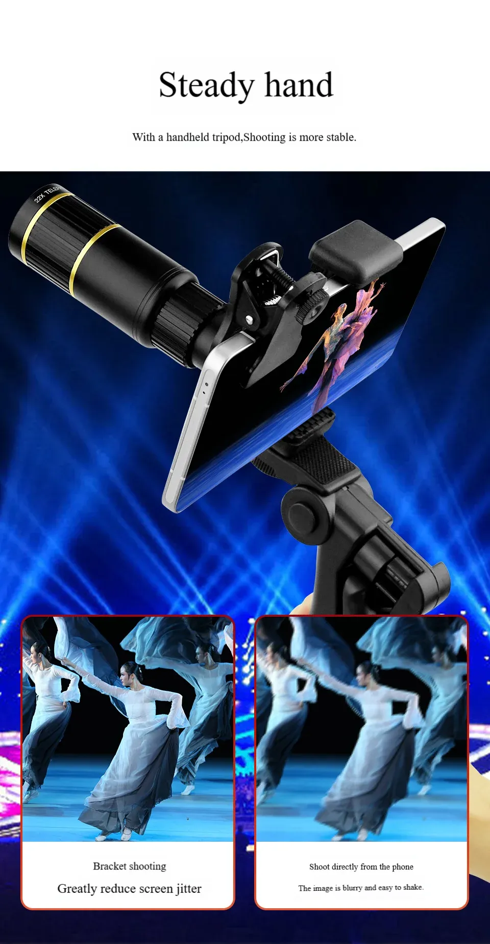 Télescope pour téléphone portable tout métal 22x, objectif téléphoto zoom haute définition externe pour concert