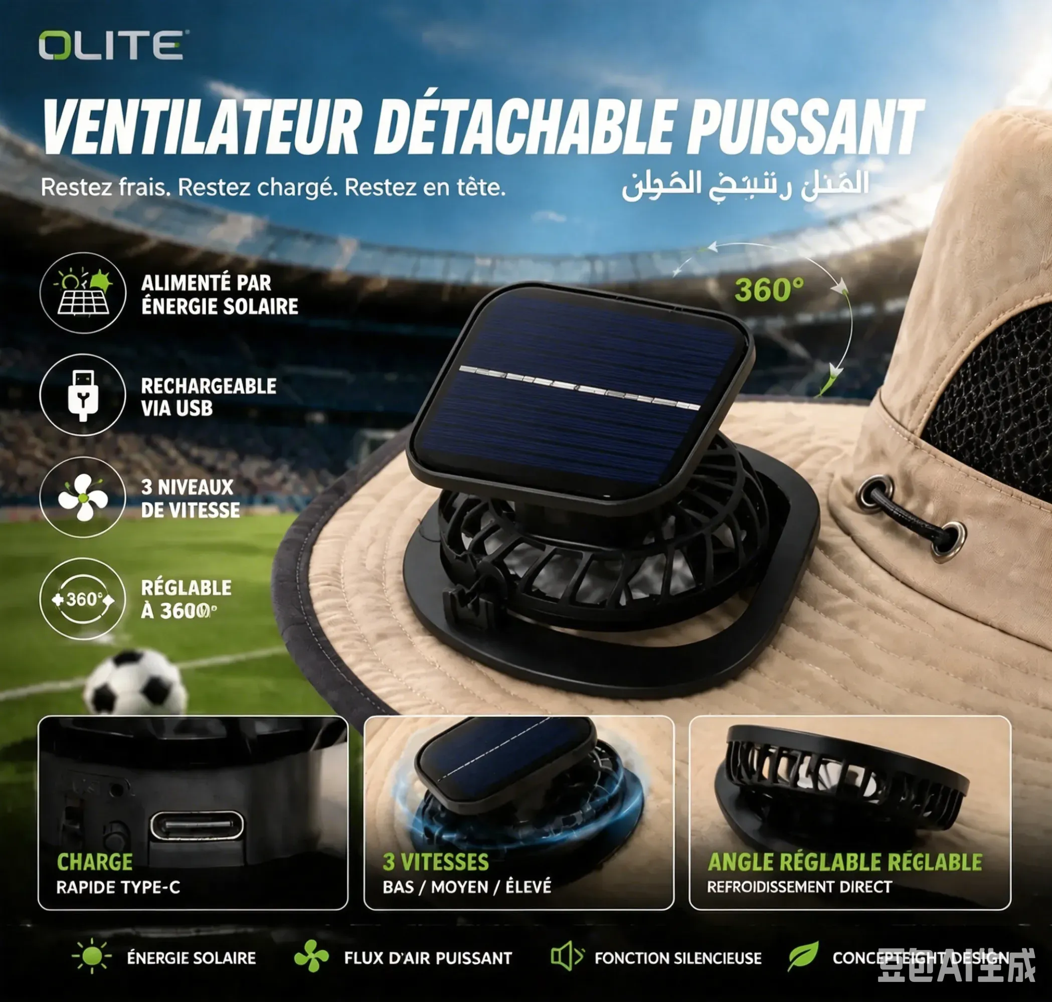 Chapeau de seau homme à séchage rapide, grande taille, chapeau solaire avec ventilateur à énergie solaire, rechargeable USB, pour randonnée, camping, pêche en extérieur