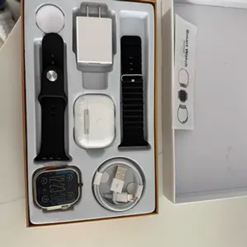 Smartwatch Set: Includes a smartwatch, Bluetooth earphones, 20W fast charger, Type-C data cable, adapter, and audio accessories.