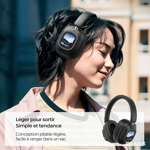 Écouteurs sans fil avec écran tactile, écran LCD, fonction de charge, réduction de bruit et graves profonds