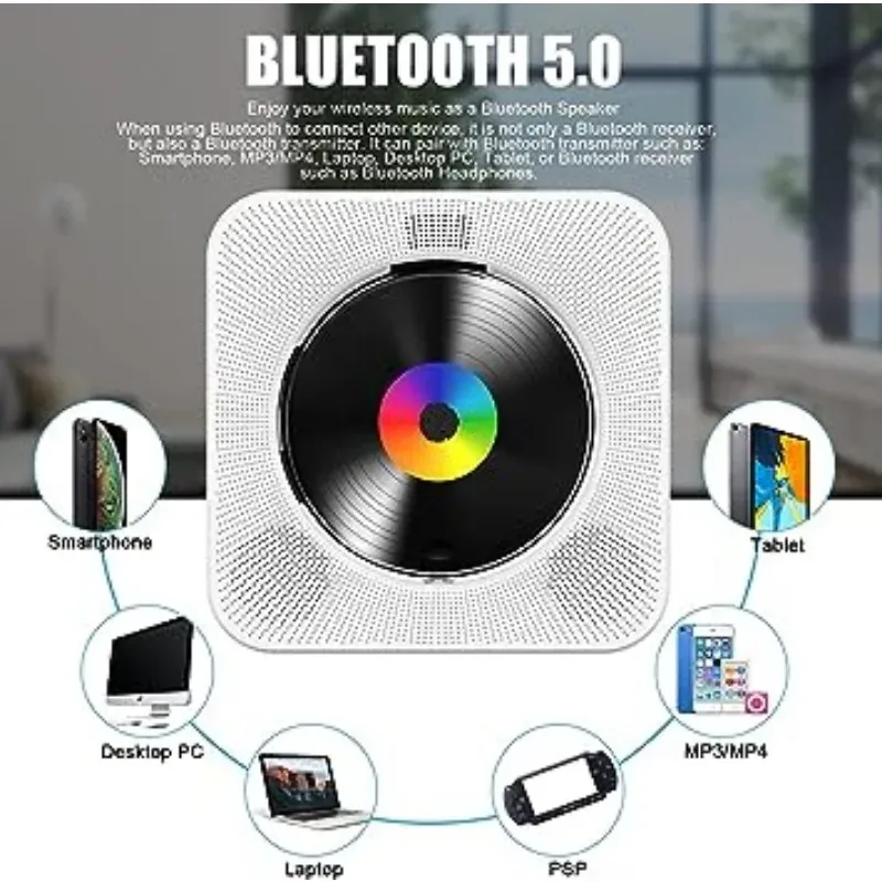 Lecteur CD Bluetooth de bureau portable Qoosea pour la maison avec minuterie, haut-parleurs HiFi intégrés, écran LCD et radio FM boombox