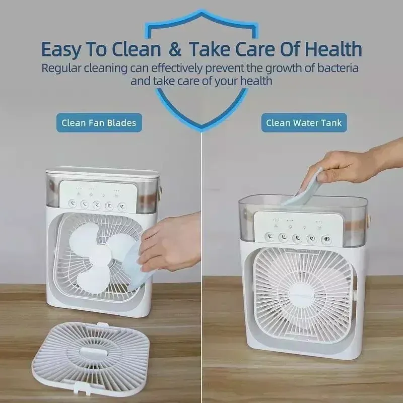 Mini climatiseur domestique 3 en 1, ventilateur réglable avec veilleuse LED et humidificateur portable pour bureau et maison