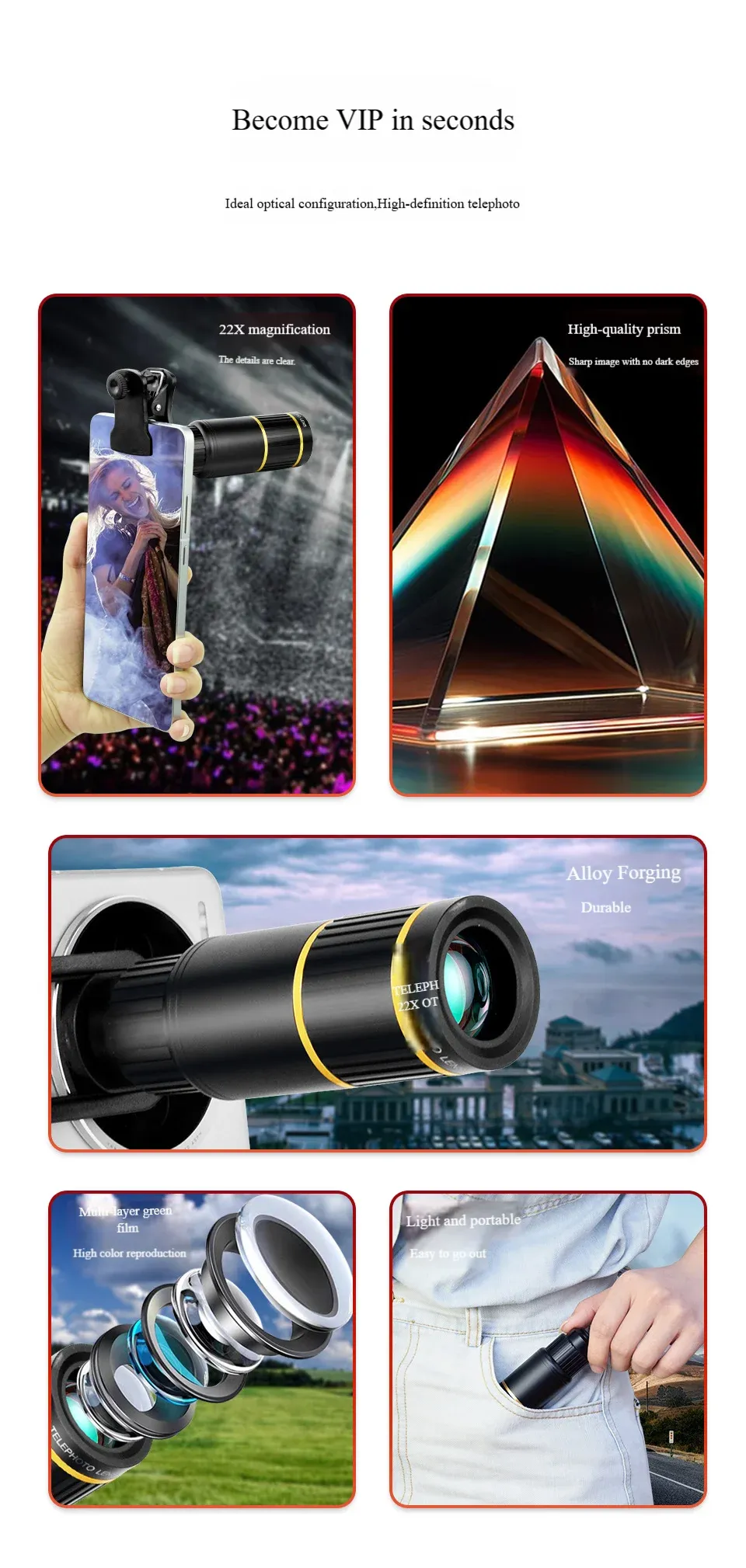 Télescope pour téléphone portable tout métal 22x, objectif téléphoto zoom haute définition externe pour concert