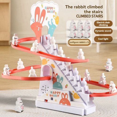 The cute bunny climbing the stairs.  Prepare a gift for your child on Children's Day.  Which child doesn't like it?