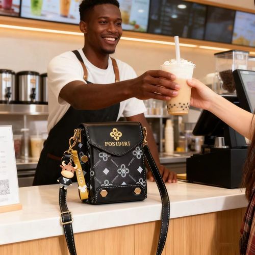 👨‍👩‍👧‍👦FOSIDIRI Black Patterned Crossbody Phone Bag with Cow Charm👇