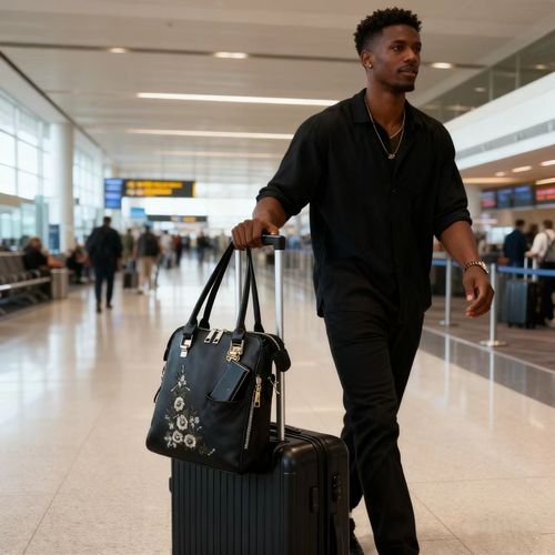 Black Floral Embroidered Handbag with Matching Wallet Set