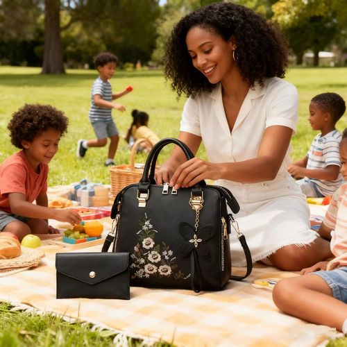 Black Floral Embroidered Handbag with Matching Wallet Set
