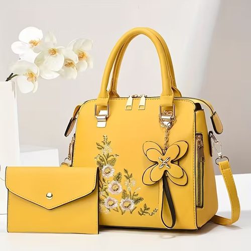 Black Floral Embroidered Handbag with Matching Wallet Set