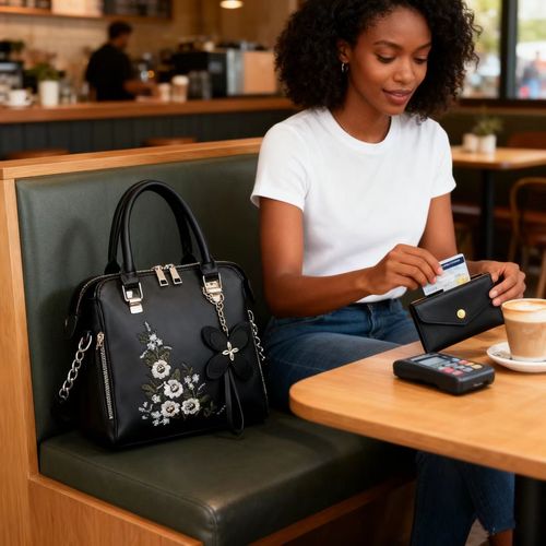 Black Floral Embroidered Handbag with Matching Wallet Set