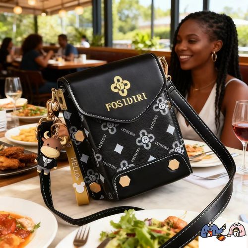 👨‍👩‍👧‍👦FOSIDIRI Black Patterned Crossbody Phone Bag with Cow Charm👇