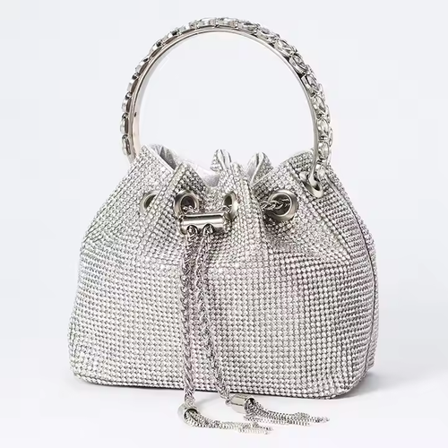 High Quality Fashion Crystal Bling Rhinestone Bucket Purse Handbag 2023 Sparkle Trendy Luxury Ladies Diamond Evening Bag