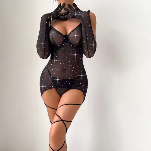 Sparkling Lingerie Sexy Mesh Sequins See Through One-Piece Mesh Skirt Thong Leg Straps Gloves Sexy Four Piece Set for Women