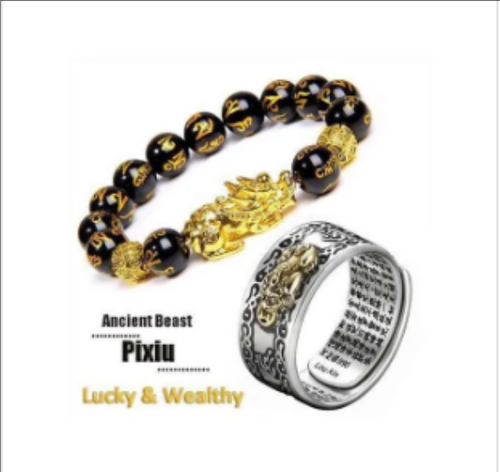 Feng Shui Amulet Wealth Lucky Obsidian Bracelet + Open Adjustable Charms Ring