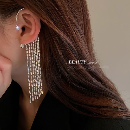 Luxury Shining Zircon Rhinestone Long Tassel Ear Clip Ear Cuff Exquisite Vintage Clip Earrings Party Jewelry