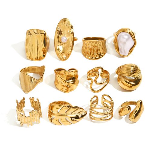 J&D Chunky Luxury Stainless Steel 18K Gold Plated Big Baroque Pearl Textured Irregular Rings