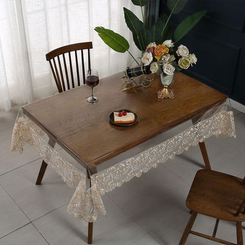 Embroidered Lace Edge Transparent Plastic Table Cover Rectangle Tablecloth Clear Waterproof