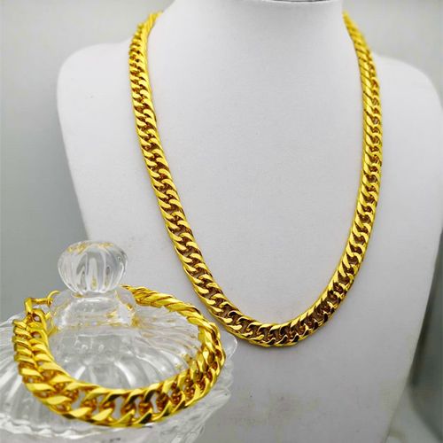 18K Yellow Sand gold 8mm Cuban Chain Necklace and Bracelet