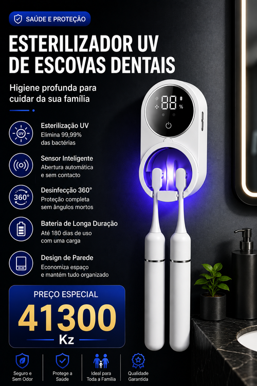 Esterilizador UV Inteligente para Escovas de Dentes | Proteção Diária para a Família, Sensor Automático, Ecrã Digital e Carregamento Type-C