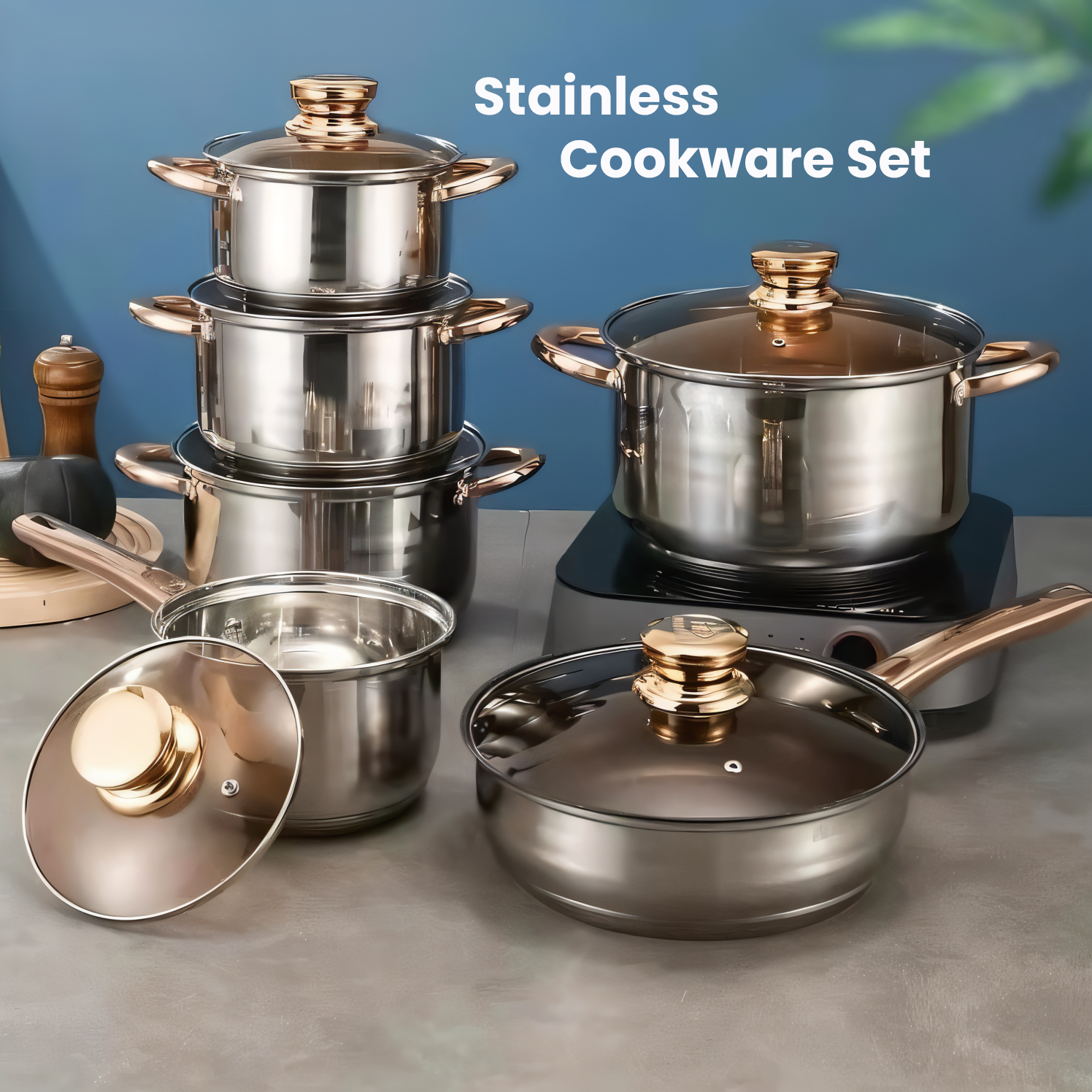 High Quality Stainless Steel Cookware Set Thick Double Bottom Pot Set 12 Pcs