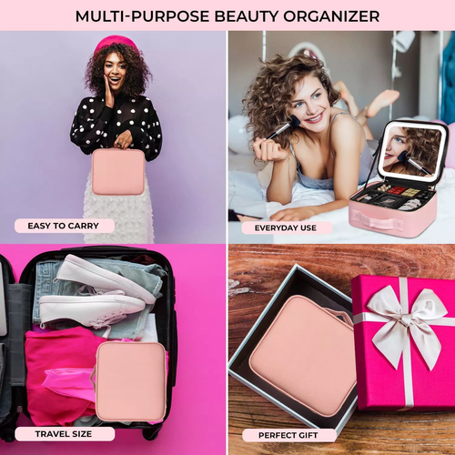 Home and travel makeup bags with LED fill lights and adjustable dividers