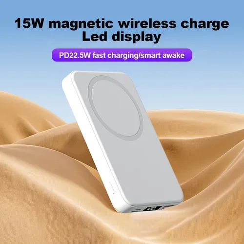 Small wireless magnetic power bank with a 10,000mAh capacity and a stand