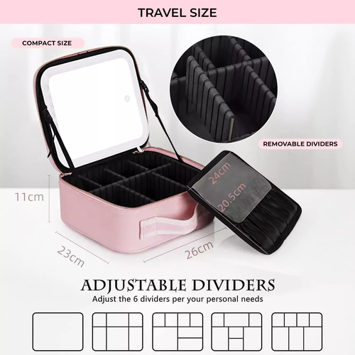 Home and travel makeup bags with LED fill lights and adjustable dividers