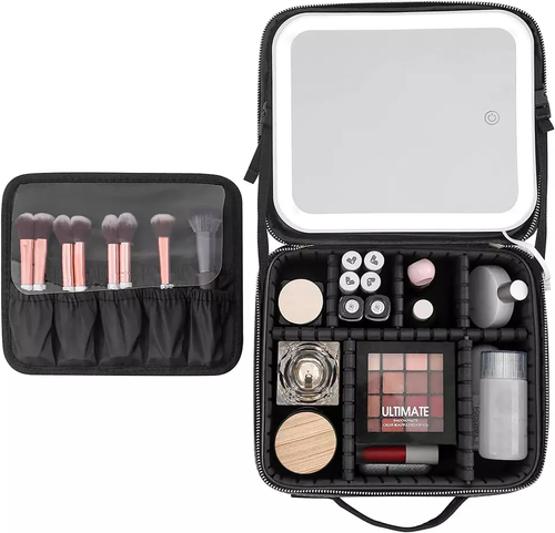 Home and travel makeup bags with LED fill lights and adjustable dividers
