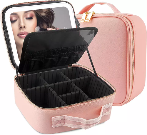 Home and travel makeup bags with LED fill lights and adjustable dividers