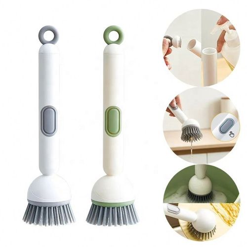 Long Handle Plastic Liquid-Adding Rotating Pot Brush Portable Kitchen Cleaning Brush Dishwashing Pot Cleaning Brush